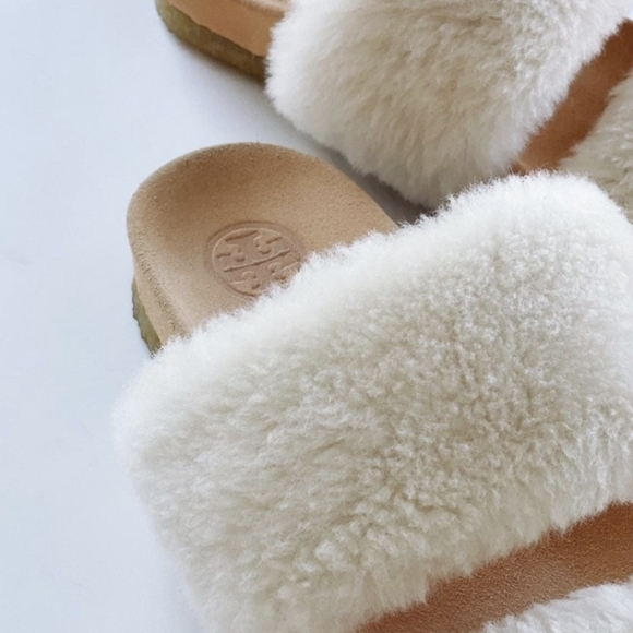 Tory Burch Fur slippers Beige sz 8 Sheldon Shearling Two Band Slide - Picture 7 of 13